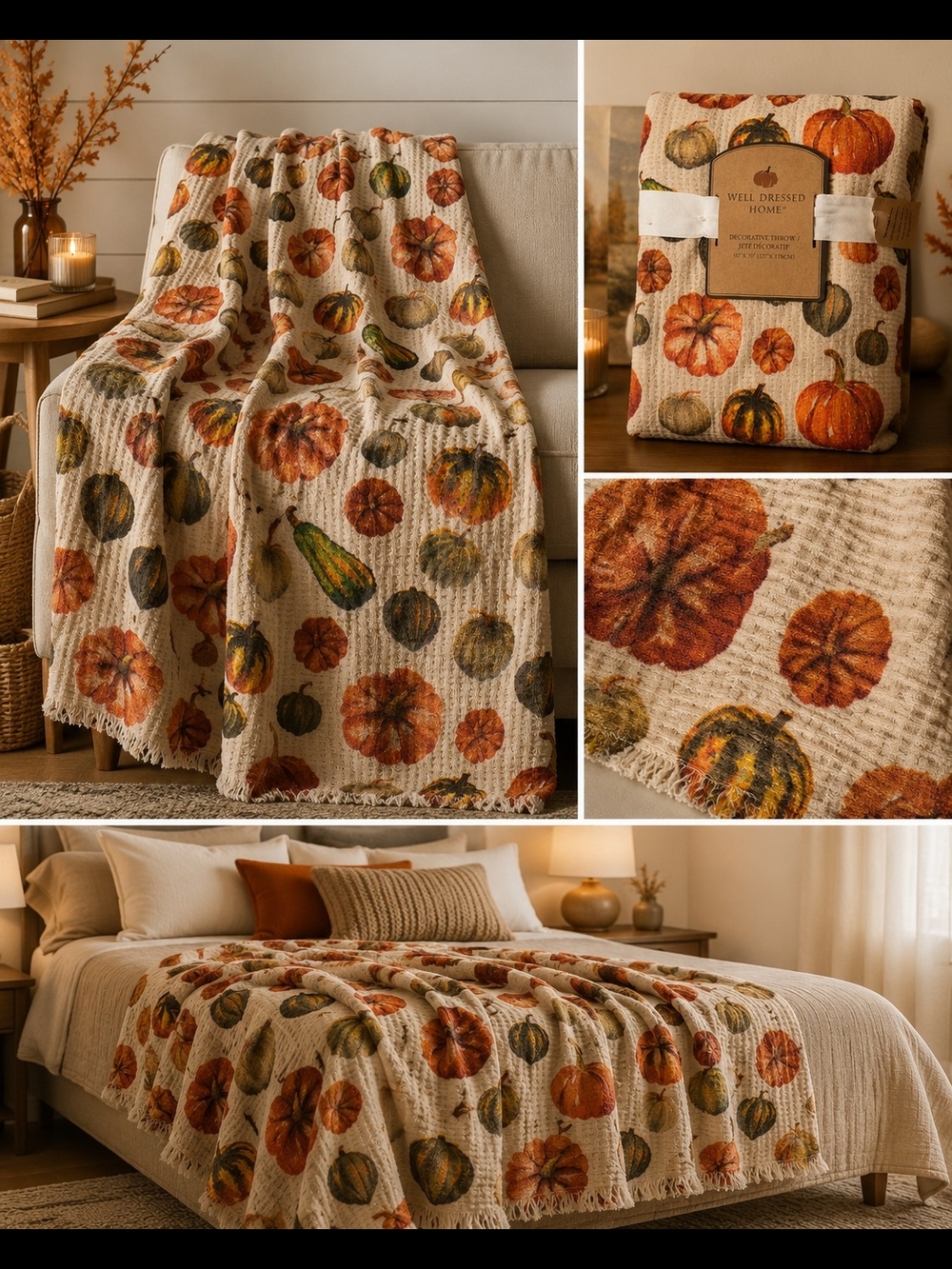 Cozy Pumpkin Harvest Waffle Throw Blanket - Cream/Orange